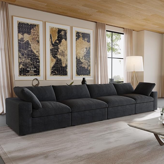 JACH Sectional Couches for Living Room, Deep 4-Seat Modular Convertible Couch, Couch Cushion Covers Removable, Comfy Sofas for Living Room Apartment (Black)