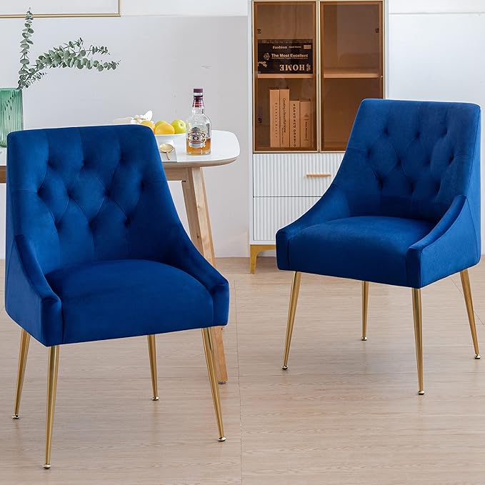 Modern Dining Chair Set of 2, Mid-Century Room Chair, Upholstered Comfortable Velvet with Back Pull Rod and Metal Legs for Kitchen, Dining, Living (Blue), (DYXSD)