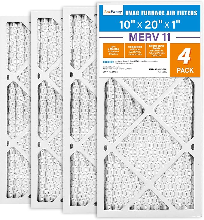 LotFancy 10x20x1 Air Filter MERV 11 4-Pack, Electrostatic Pleated AC Furnace