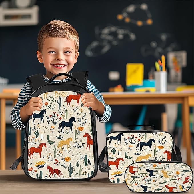 Horses Backpack Set 3 Piece School Bags and Lunch Box with Pencil Case Horse Cactus Bookbag Set for Toddler Kids Girls Boys Teens Kindergarten Elementary Middle