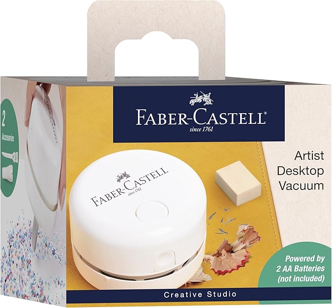 Faber-Castell Mini Desk Vacuum, Battery Operated and Portable with Desktop Vacuum Nozzle, White - Cool Desk Gadgets, Office Essentials and Artist Gifts for Home, School, Office or Art Studio