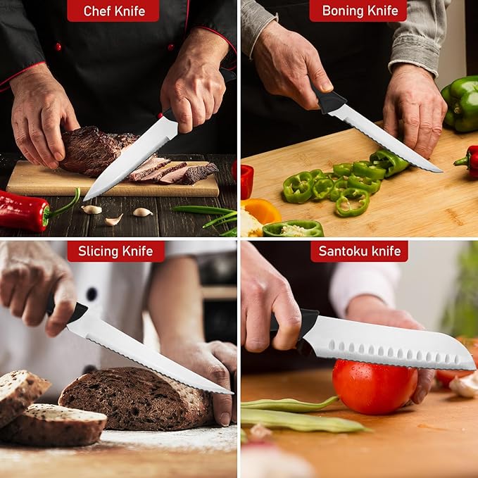 KOOMADE Knife Set With Block, Cutlery Essentials 23 PCS Kitchen Stainless Steel Knife Block Sets With Cutting Board, Shears, Paring, Utility, Santoku, Steak Knives, Dishwasher Safe Cutlery Block Set