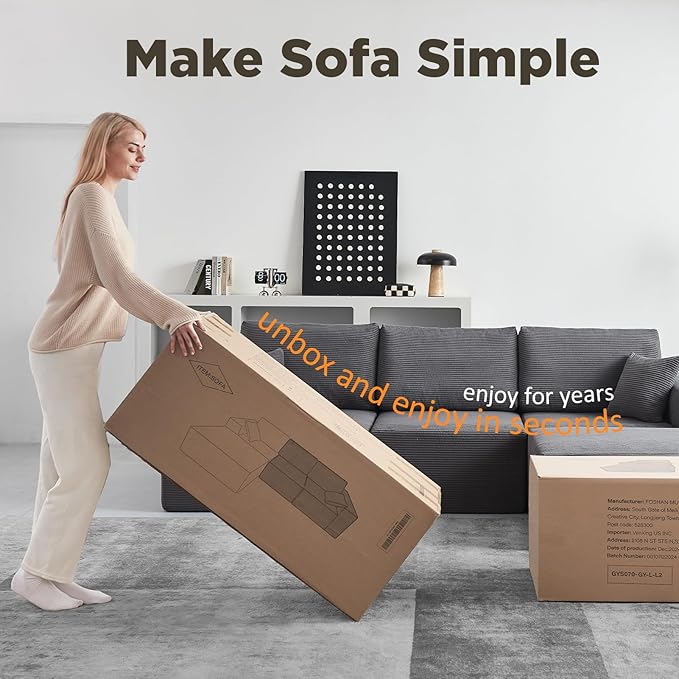 INGEROOM 108" Cloud Sectional Couch with Chaise, Modular L-Shaped Sofa Deep Seat Comfy Corduroy Memory Foam Couch for Living Room Bedroom, No Assembly Required, Dark Gray