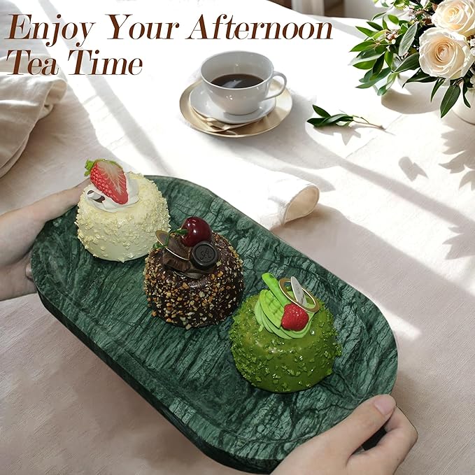 100% Real Natural Marble Tray for Bathroom, Luxury Indian Green Stone Vanity Tray, Decorative Oval Trays for Countertop Storage Organizer, Dresser, Kitchen, Home Decor, 11.8" x 6", Green