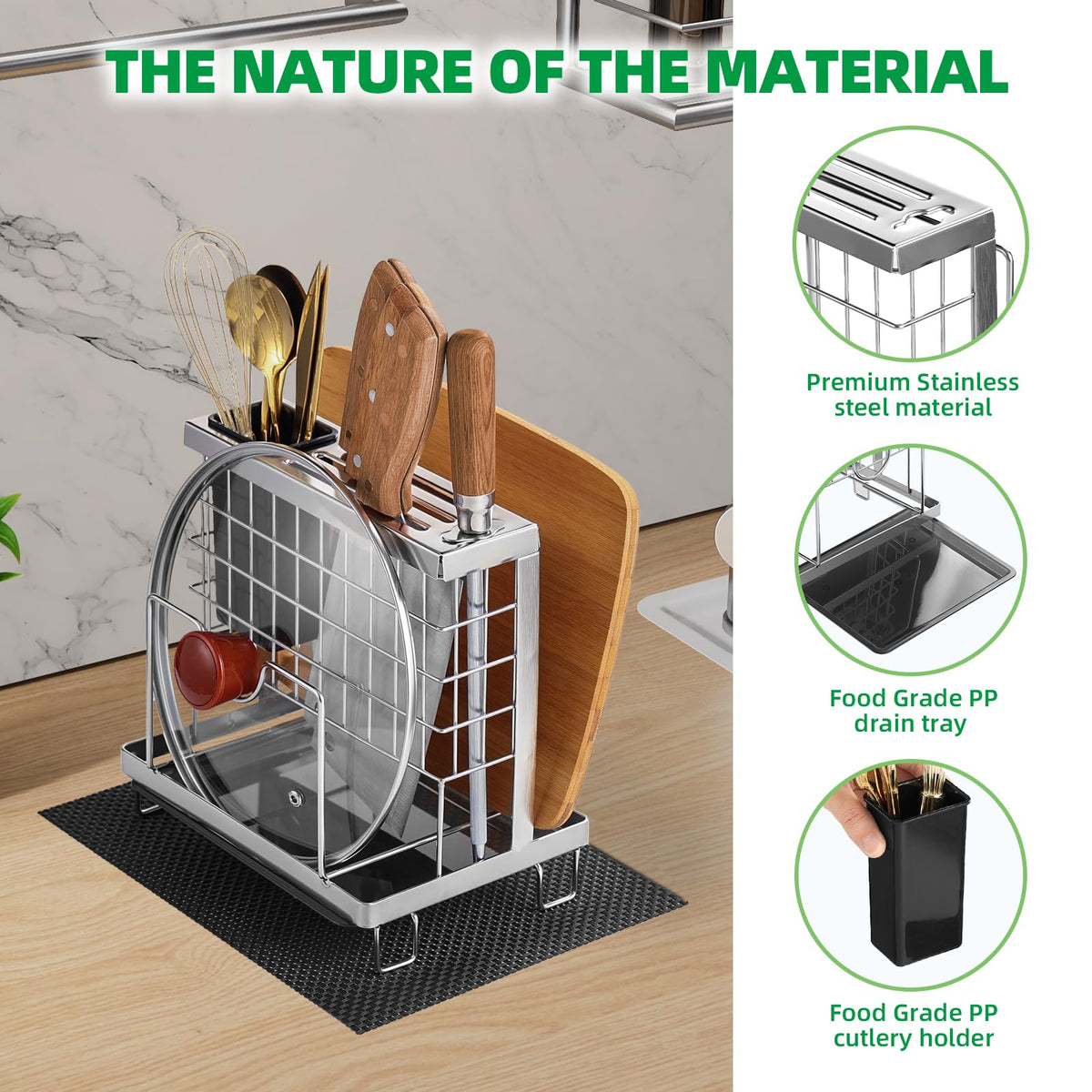 Knife Block Holder, Kitchen Knife Holder Storage Organizer,Utensil & Cutlery Caddy, Cutting Board Holder, Pot Lid Stand with Anti-Slip Pad for Countertop, Space-Saving (Silver)