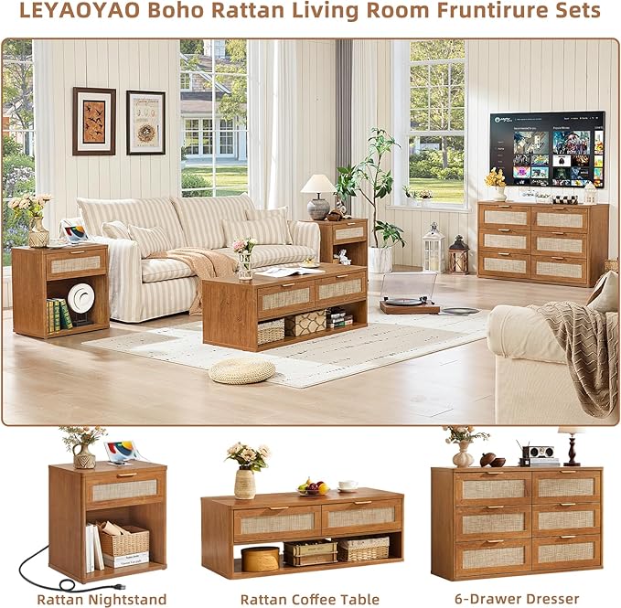 LEYAOYAO Boho Rattan Coffee Table and End Table Sets, 48" Wide Center Tables & 23" Night Stand with 3 Drawers, Brown Wood Coffee Table for Living Room 3 Piece Set