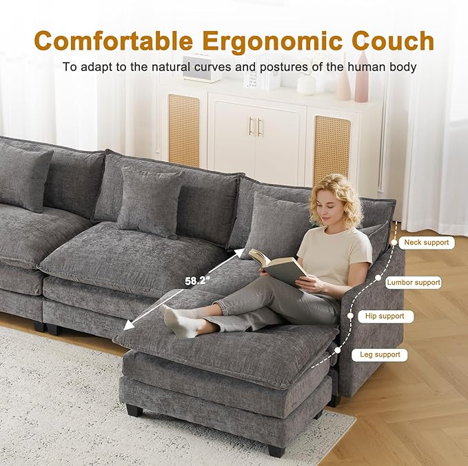 111.4" Cloud L Shaped Sectional Couch with Ottoman|Modular Chenille Sofa with 29.1" Deep Seat|FSC Solid Wood Frame|Easy Assembly & 1YR Guarantee|for Living Room Bedroom Apartment,Grey