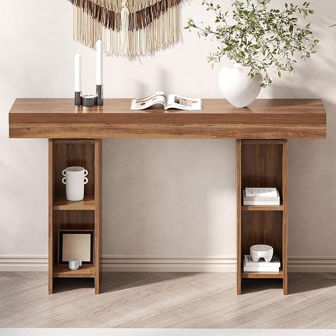 55Inch Farmhouse Console Table,Wooden Rectangular Sofa Table Behind The Couch,Entryway Console Table with Storage for Living Room, Hallway,Entrance (Light Brown)