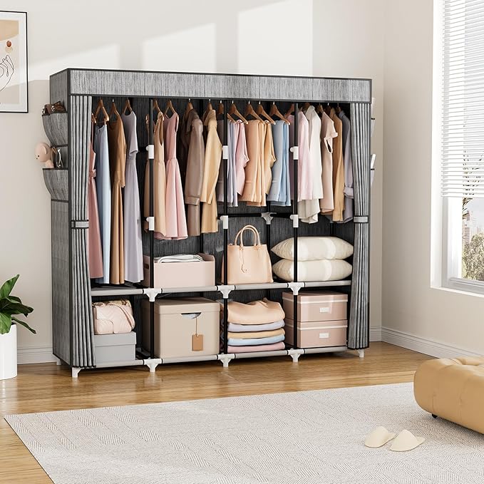 VTRIN Portable Closet for Hanging Clothes 67 Inch Wide Large Capacity Portable Wardrobe Closet with Cover, 4 Storage Shelves and 4 Hanging Rod Sturdy Free Standing Closet for Bedroom, Printing