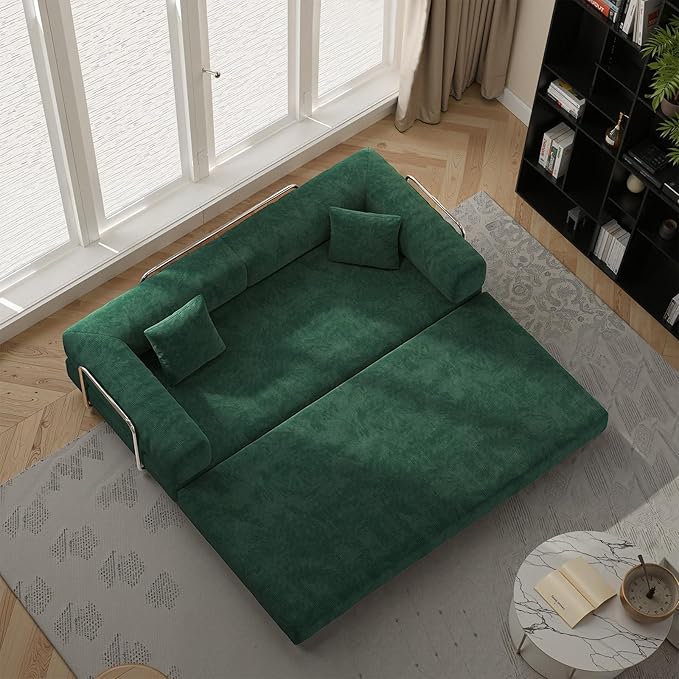 Antetek Convertible Futon Sofa Bed, 3-Seater Modern Corduroy Foam Floor King Size Bed Fold Out Sleeper Lounge Loveseat Sofa Couch with 2 Throw Pillows for Living Room Bedroom Guest Room, Turquoise