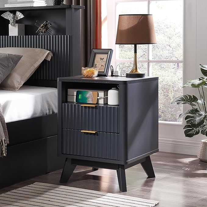 T4TREAM Fluted Nightstand Set of 2 with Charging Station, 18" Modern SideTable with Faux Marble Top, 2 Drawer End Table w/Storage, Bedside Table for Bedroom, Living Room, Curved Profile, Dark Grey