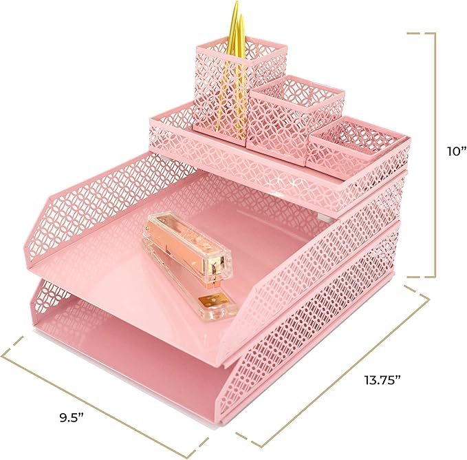 BLU MONACO Pink Desk Organizer Set for Women – 6-Piece Interlocking Office Supplies Set, Pen Cup, 3 Accessory Trays & 2 Letter Trays, Pink Room Decor for Women & Teen Girls