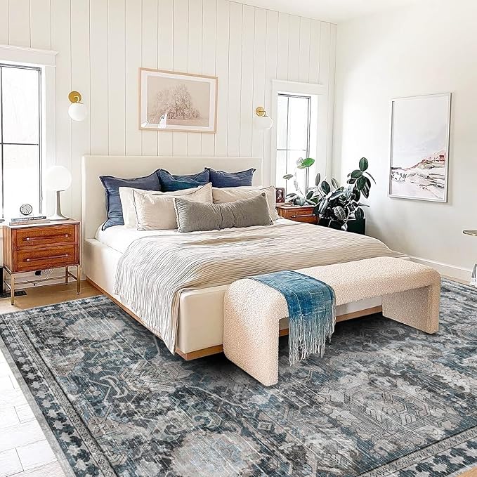 RUGSURE Washable Area Rugs - Perfect for Living Room, Bedroom, Kids Room, Nursery - Stain & Water Resistant Non-Slip, Pet & Child Friendly, Vintage Tribal Area Rugs (Grey and Blue, 3' x 5 ')