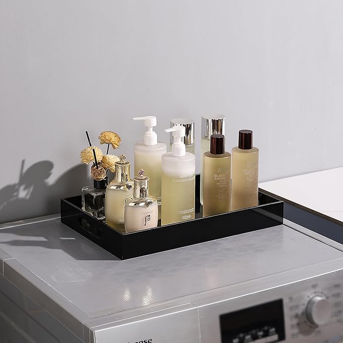 Glossy Black Sturdy Acrylic Serving Tray with Handles-10x15Inch-Serving Coffee,Appetizer,Breakfast,Butler-Kitchen Countertop Tray-Makeup Drawer Organizer-Vanity Table,Ottoman Tray-Decorative