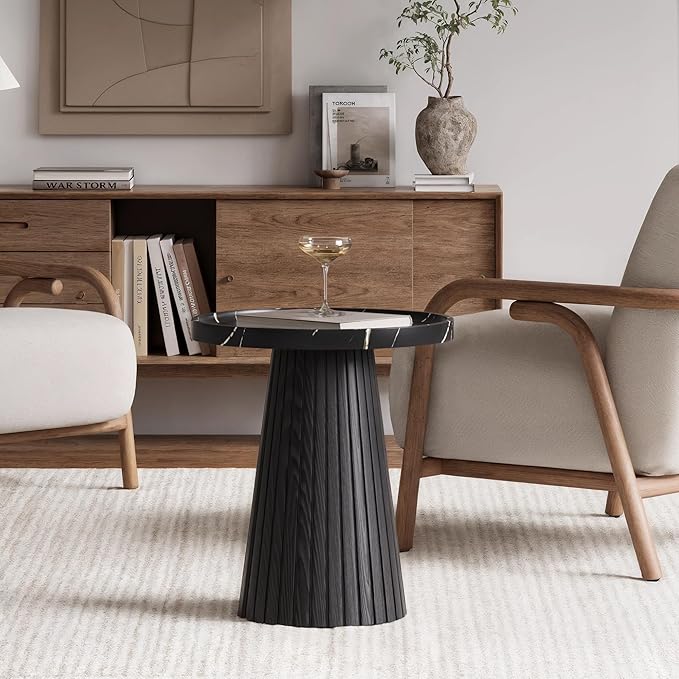win2win Nesting Coffee Table Set of 2, Modern Coffee Table with Marble Veneer, Fluted Round Tea Table and End Table Set, Minimalist Center Tables for Living Room, Office, Black