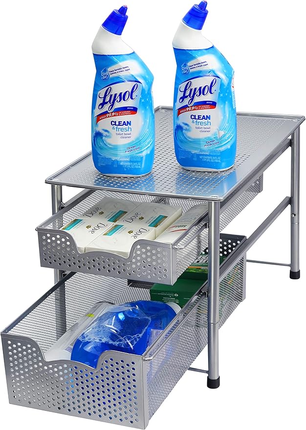 Simple Houseware Stackable 2 Tier Sliding Basket Organizer Drawer, Silver
