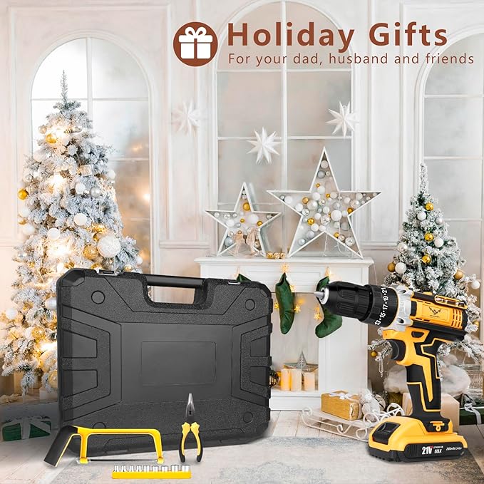 Cordless Drill Tool Kit Set: 21V Power Drill Tool Box with Battery, 2-Speed, 42N.m Max, Electric Screwdriver Driver for Men Home Hand Repair Basic Toolbox Tools Sets Drills Case