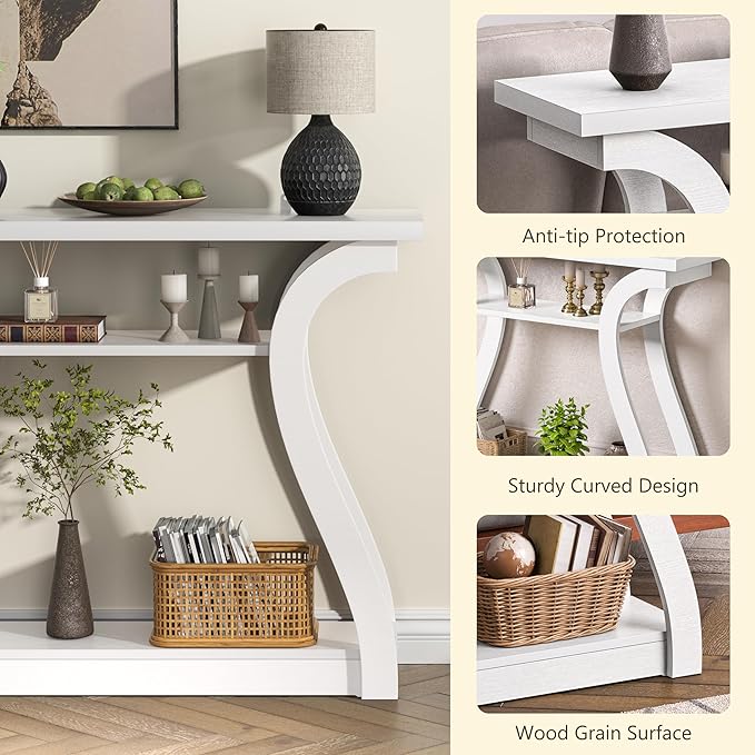Wooden Console Table with Curved Legs and Shelf, 3-Tier Modern Accent Sofa Table for Entrance Area, Living Room, Hallway, 47 in Wide (White)