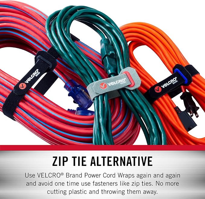 VELCRO Brand Power Cord Wraps | Heavy Duty Straps for Extension Cords, Ropes, Cables | Reinforced Slotted Grommet for Strong Snag Free Cinching | 12 Inch, 2Pk, Black and Gray