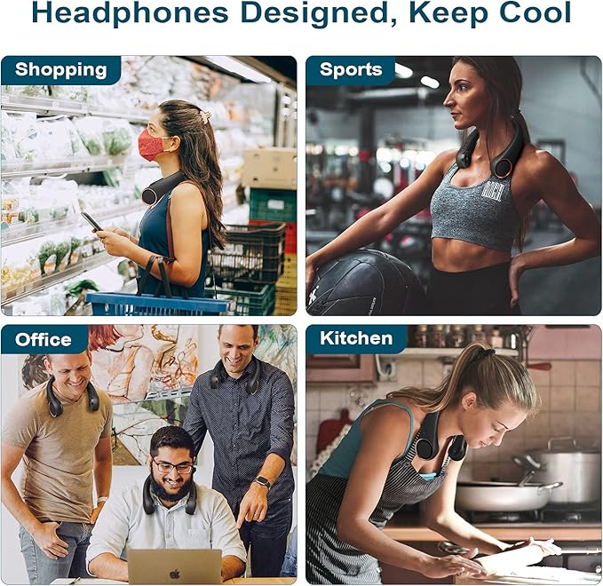 CIVPOWER Neck Fan: Portable Personal Neck Cooling Rechargeable Bladeless Fan - Hands Free 3 Speed 4000 mAh Battery USB Operated Wearable Headphone Design - for Men Women Outdoor Indoor (Black)