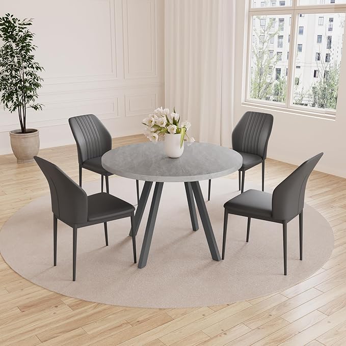 34.6'' Round Dining Table and Chairs for 4, Mid Century Modern Round Table Set, Space Saving for Apartment Kitchen Dining Room (Grey Table+4 Black Chairs)