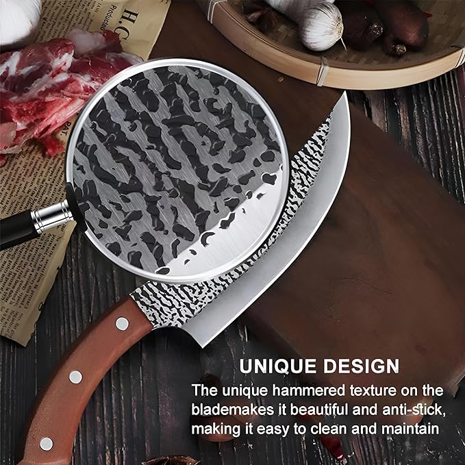 BrightQuill 7-Inch Viking-Style Hand Forged Chef Knife with Sheath & Sharpener –Curved Stainless Steel Blade, Hammered Finish, Ergonomic Wooden Handle –Butcher Boning Knife for Meat,BBQ & Outdoor Use