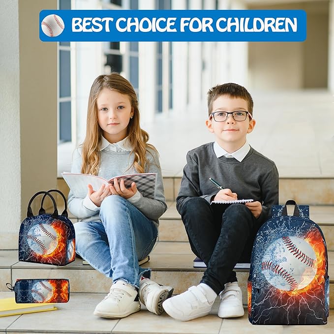 3PCS Backpack for Boys Girls, Kids Baseball Back to School Backpack Sets with Lunch Bag Pencil Case, 17 Inch Lightweight Bookpack 3 in 1 Set for Teens Elementary Middle High School Students
