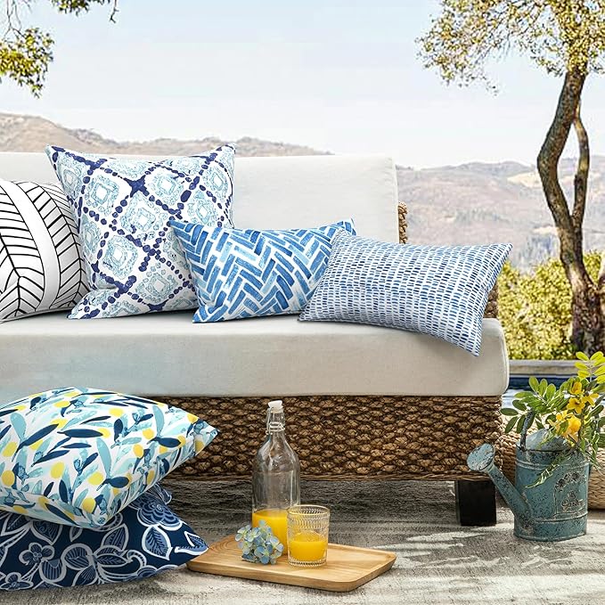 Pack of 2 Patio Throw Pillow Covers ONLY, Water Repellent Cushion Cases 20x20 Inch, Square Pillowcases for Outdoor Couch Decoration, Leaves Multi