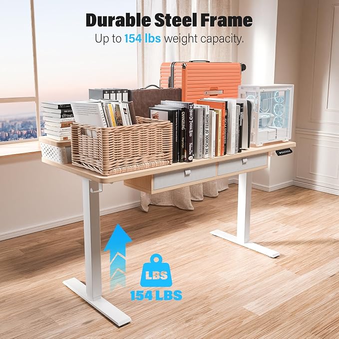 Electric Standing Desk with 4 Drawers 55''x 24'' Adjustable Height Sit to Stand Up Desk with Storage Shelf, C-Clamp Mount Compatible Black Home Office Desks Computer Gaming Table Ergonomic Workstation