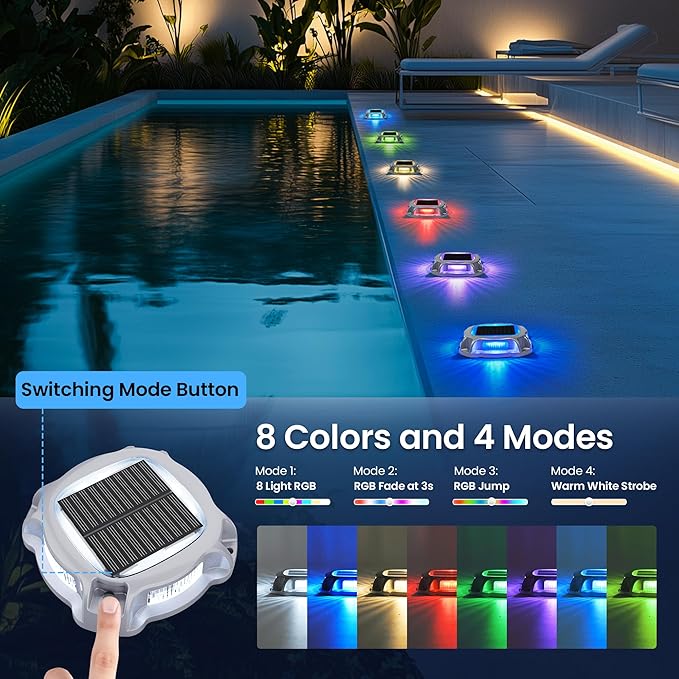 SOLPEX Solar Deck Dock Lights Outdoor 12 Pack, Color Changing Solar Powered Light, Driveway Lights, Waterproof for Step, Sidewalk, Path, Garden, Yard