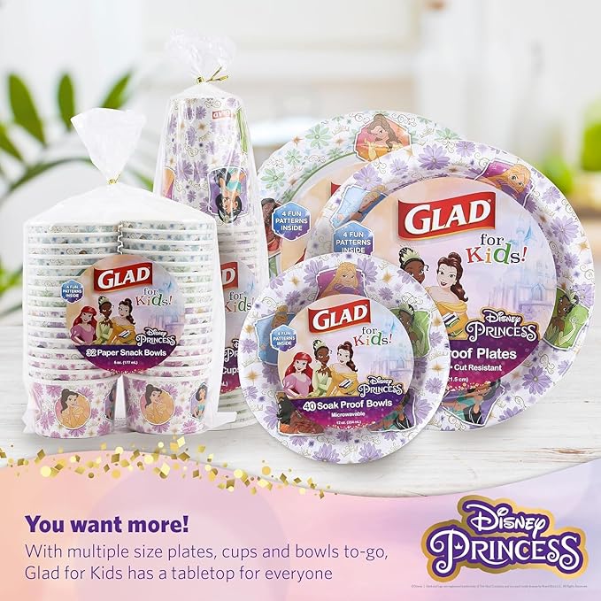 Glad for Kids Disney Princess Disposable Paper Plates, Floral Frames - Heavy Duty, Soak Proof, Microwavable, Kid-Friendly Snack Plates for Everyday Use, 10 Inch, 30 Count - 10 Pack