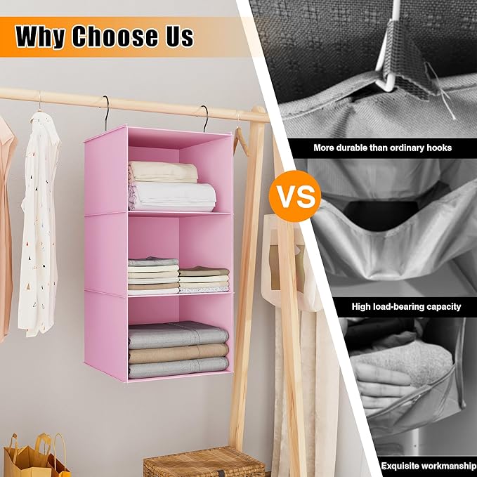 Hanging Closet Organizer and Storage 3-Shelf, Easy Mount Foldable Hanging Closet Wardrobe Storage Shelves, Clothes Handbag Shoes Accessories Storage, Washable Oxford Cloth Fabric, Pink