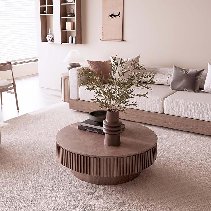 39'' Large Round Coffee Table with Storage, Fluted Coffee Table with Solid Wood Veneered, Mid Century Modern Wooden Center Table, Accent Tea Table for Living Room Apartment, Walnut