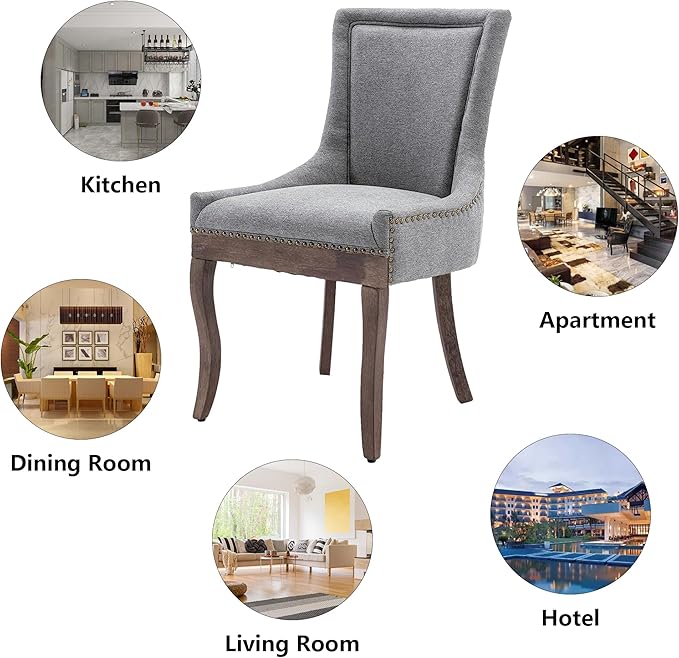 Farmhouse Dining Chairs Set of 4, Upholstered Fabric Dining Room Accent Chairs with Wood Legs & Bronze Nailhead, High Wingback Kitchen Chairs for Living Room Hotel Apartment, Gray