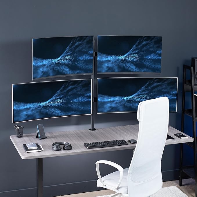 VIVO Premium Quad Ultra Wide LCD LED 27 to 38 inch Monitor Desk Mount, Heavy Duty C-clamp, Extra Tall Pole, Adjustable Telescoping Arms, Flush Wall Setup, Fits 4 Screens, Black, STAND-TS38C-4