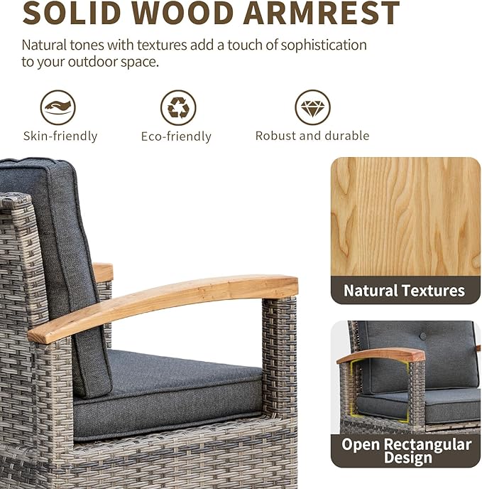 MEISSALIVVE 9 Pieces Outdoor Patio Furniture Sets,PE Wicker Patio Conversation Sets with 4 Wood Armrests Swivel Rocker Chairs,2 Ottoman and Coffee Table(Grey)