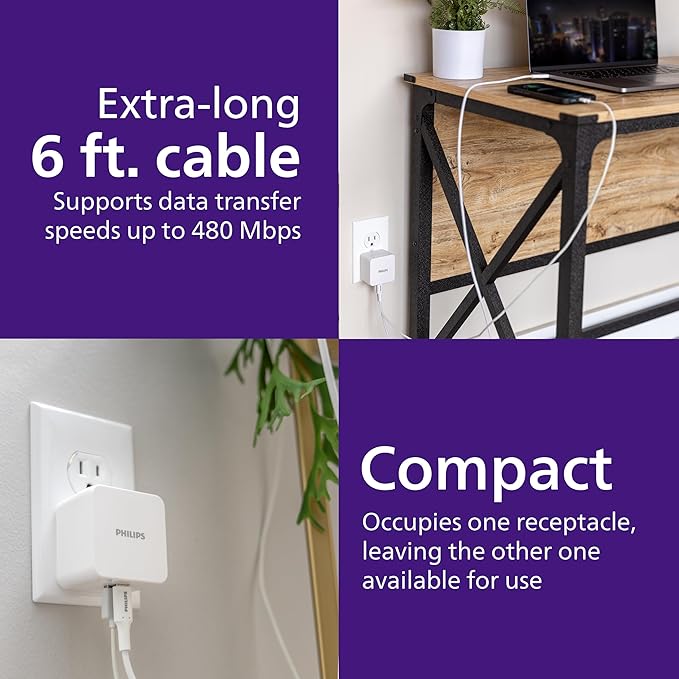 Philips USB Wall Charging Kit, 60W GaN USB C Charger Block with 6ft Braided Cord, Dual Port USB Cube for iPhone 16 Series, 15 Series, iPad Pro, Foldable Plug, White Charging Box, DLP3523W/37