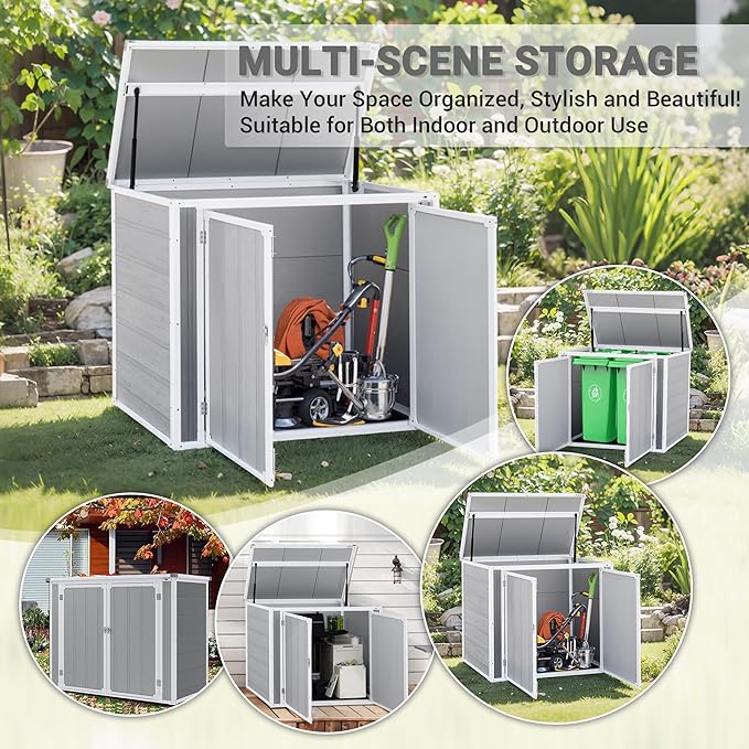 Horizontal Storage Shed 41 Cu.Ft, Lockable Outdoor Resin Cabinet for Garbage Cans, Lawn Mower & Garden Tools, Weather-Resistant Design for Patio or Backyard (Cold Gray)