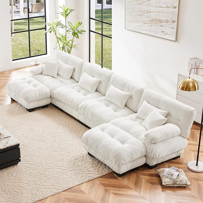 White Ottoman for Modular Sectional Sofa, Ottoman Seat for Convertible Sectional, Chenille Sofa Couch for Living Room, Bedroom, Apartment