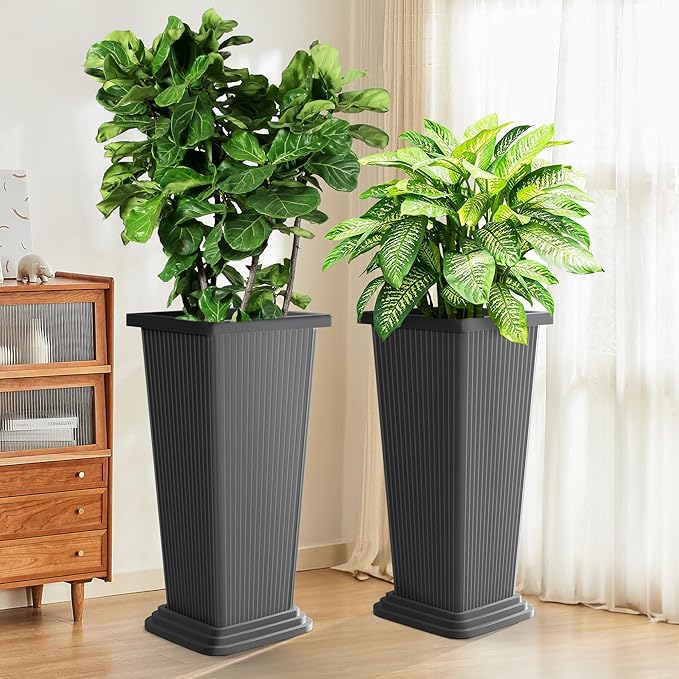 Set of 2 Tall Planters, 24" Large Indoor Outdoor Flower Pots with Tray, Modern Tapered Planters for Porch, Patio, Garden, Backyard