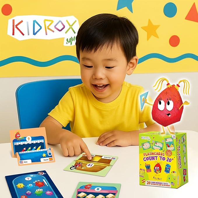 Kidrox Counting Flash Cards Learn to Count 1 to 20, English Number Learning Cards with Spanish Translations Included, Hook & Loop Fasteners
