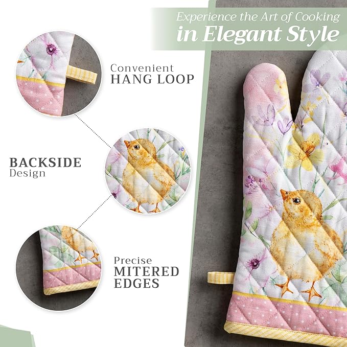 Maison d' Hermine Oven Gloves 100% Cotton Oven Mitt 7" x 13" with Loop Heat Resistant, BBQ, Cooking Gloves, Baking, Grilling, Kitchen, Handling Hot Pans Spring/Summer (Pack of 1, Easter Zest)
