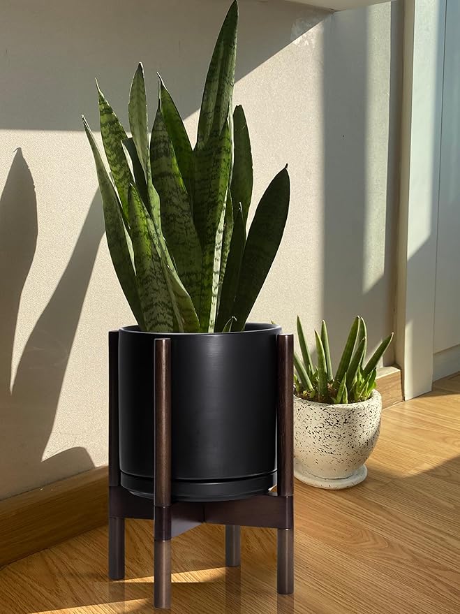 D'vine Dev Ceramic Planter with Walnut Color Stand - 10 Inch Modern Round Flower Pot with Wood Planter Holder, Black, 55-B-X-2