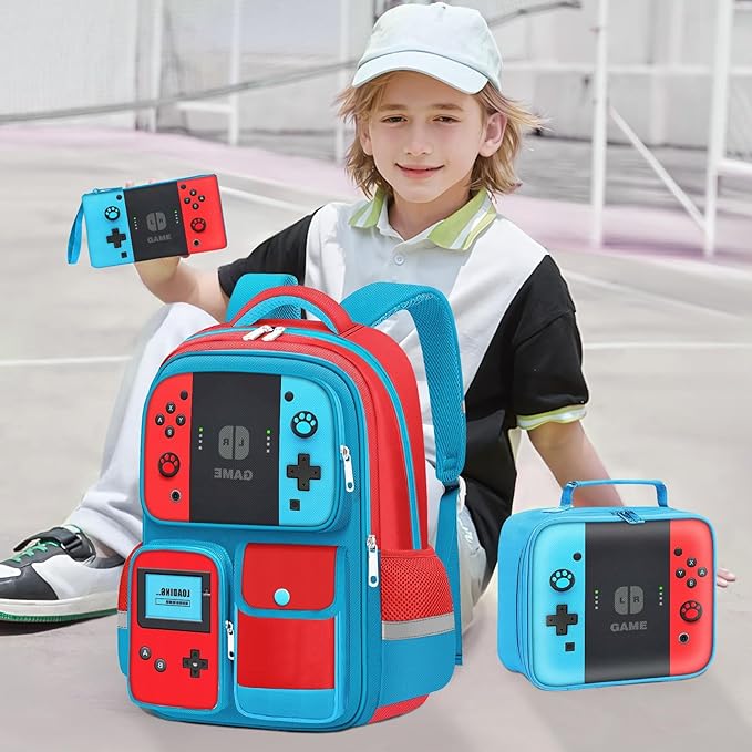 Kids Backpack for Boys - 3pcs Gamer Boys Backpack with Lunch Box Set for Elementary Middle School - Students Bag for Ages 6-18,17″ Video Game Bookbag Travel Back Pack