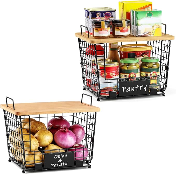 2 Set Large Stackable Wire Basket with Bamboo Tops & Tag- Pantry Organizer and Storage Bins, Kitchen Counter Cabinet Shelf Countertop Under Sink Organizing for Food Snack Produce Onion Potato Bread