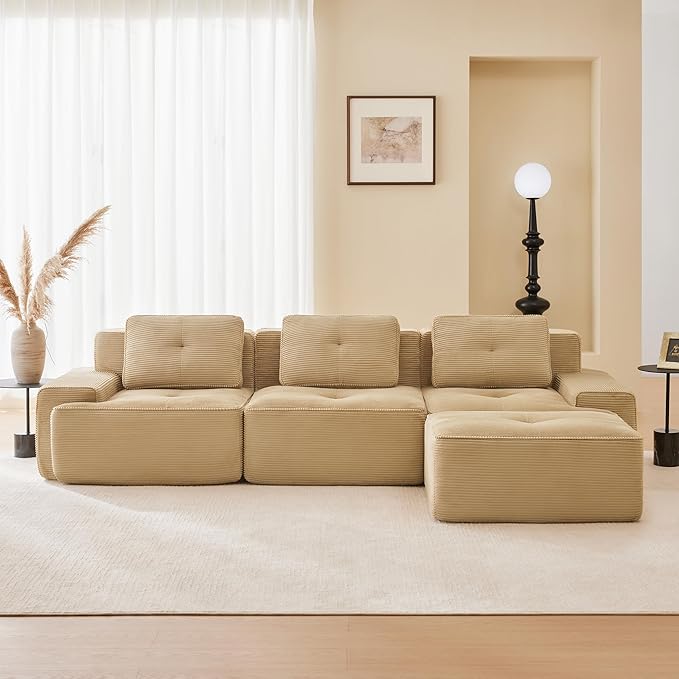 115.3'' Sectional Sofa, 32D Foam Corduroy Boneless Couch with Pillow, Deep Seat Wide Arm Sectional L Shaped Couch for Living Room, Apartment, Bedroom