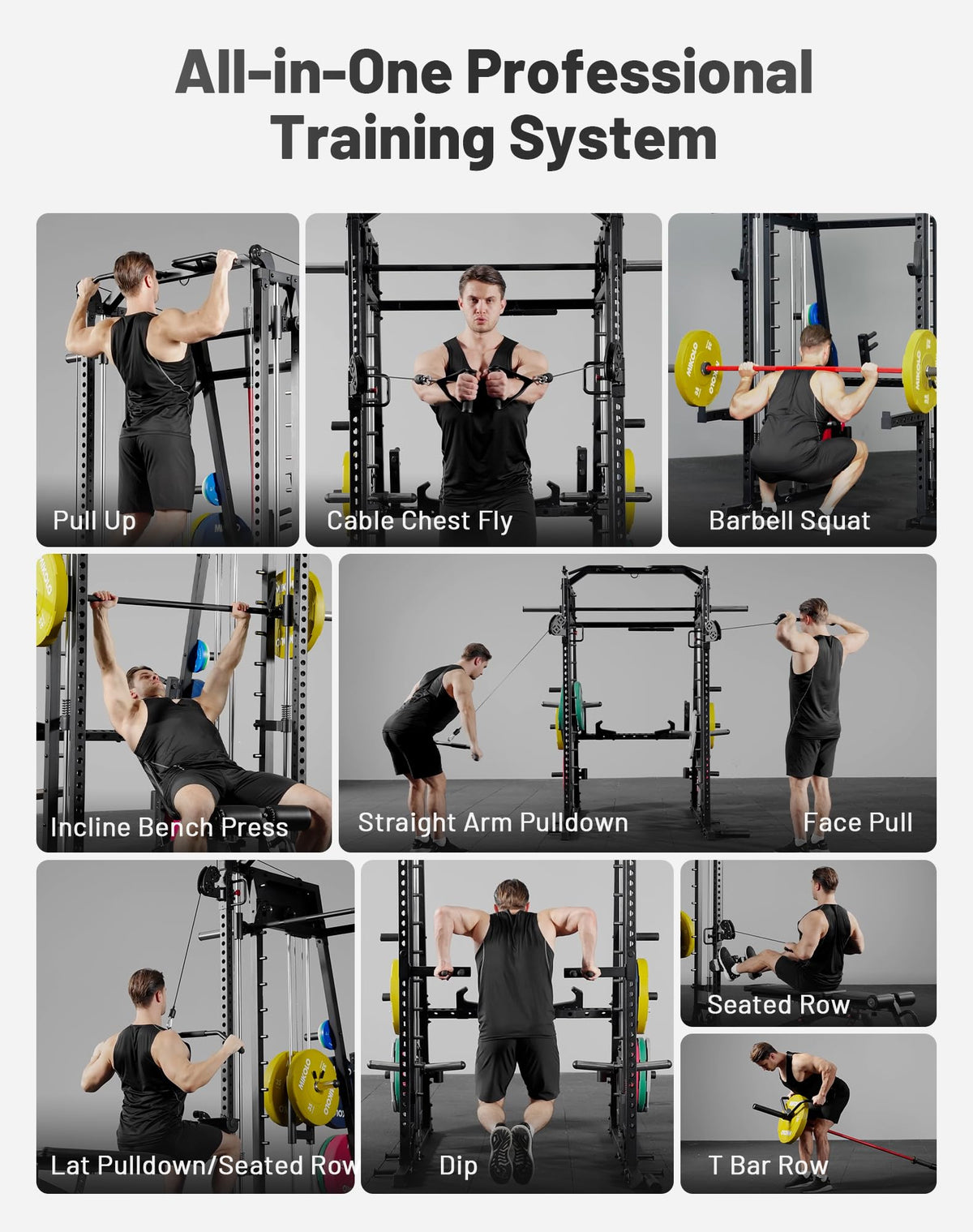 Mikolo Smith Machine, 2200lbs Squat Rack with LAT-Pull Down System & Cable Crossover Machine, Power Rack and Packages