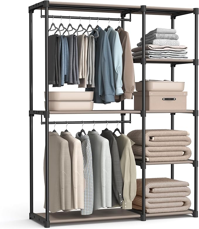 SONGMICS Portable Closet, Freestanding Closet Organizer, Clothes Rack with Shelves, Hanging Rods, Storage Organizer, for Cloakroom, Bedroom, 48.8 x 16.9 x 71.7 Inches, Taupe URYG026R02