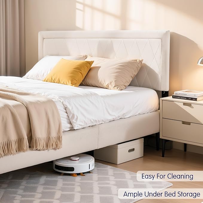 Hokway Bed Frame Upholstered Platform Bed with Headboard Wooden Slat Support No Box Spring Needed(King, Soft Beige)
