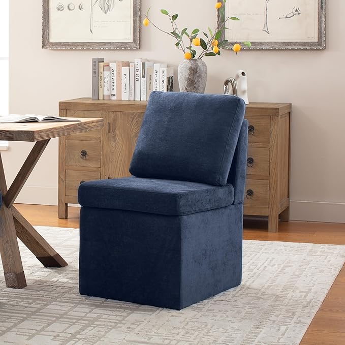 VKNOW Upholstered Dining Chairs, Modern Kitchen Chairs with Storage, Linen Armchair Dining Room Chairs for Kitchen Room, Navy Blue